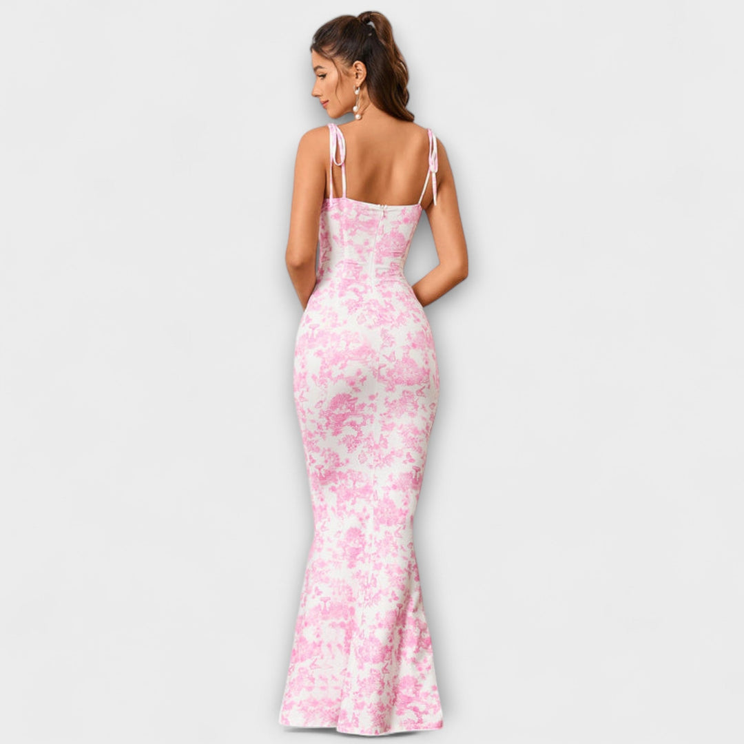 Thalia - Robe de bal à imprimé floral avec bretelles nouées aux épaules