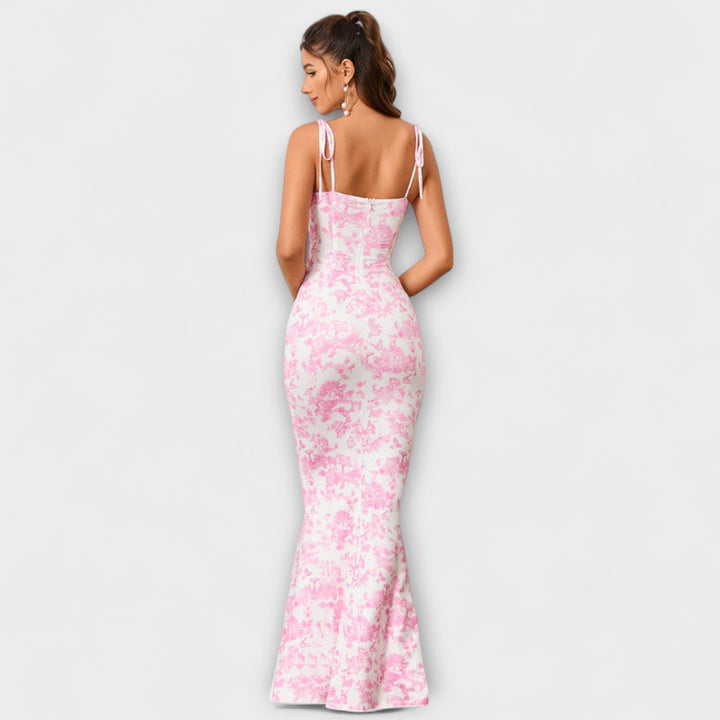 Thalia - Robe de bal à imprimé floral avec bretelles nouées aux épaules