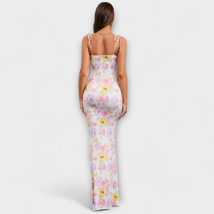 Thalia - Robe de bal à imprimé floral avec bretelles nouées aux épaules