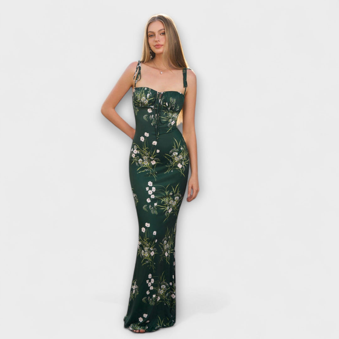 Thalia - Robe de bal à imprimé floral avec bretelles nouées aux épaules