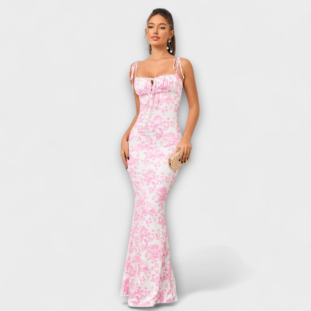 Thalia - Robe de bal à imprimé floral avec bretelles nouées aux épaules
