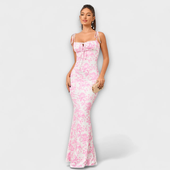 Thalia - Robe de bal à imprimé floral avec bretelles nouées aux épaules