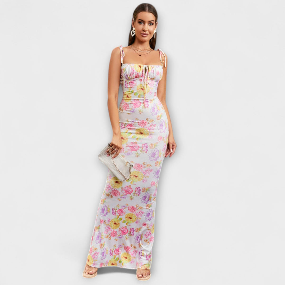 Thalia - Robe de bal à imprimé floral avec bretelles nouées aux épaules