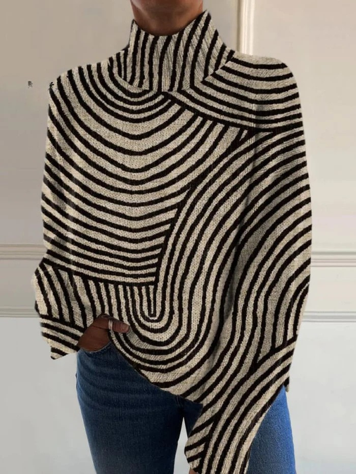 Nora - Pull à col roulé à rayures ondulées noires et blanches