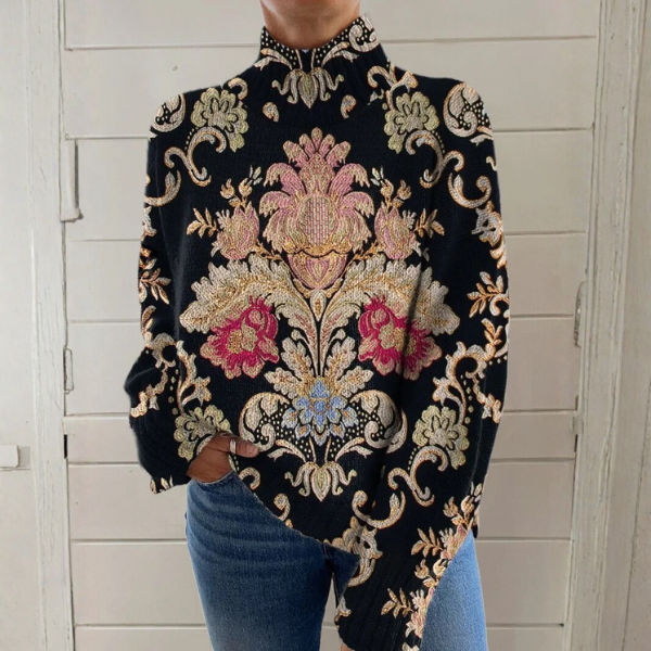 Paula - Pull à col roulé noir à motif floral baroque
