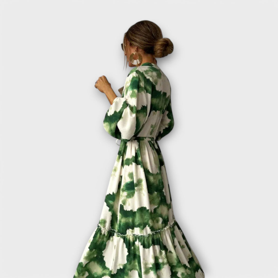 Melina | Robe maxi verte à manches longues et col en V
