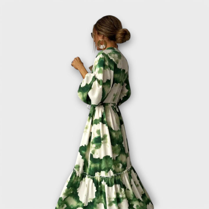 Melina | Robe maxi verte à manches longues et col en V