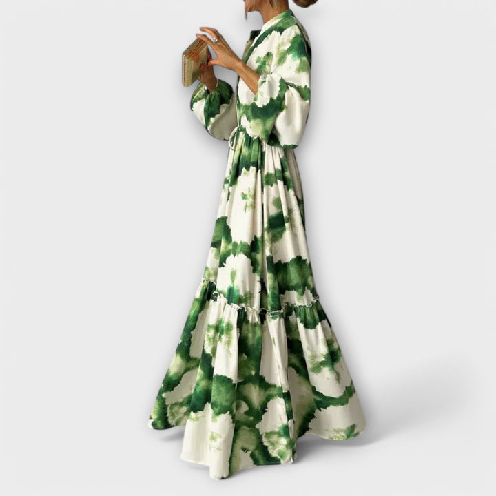 Melina | Robe maxi verte à manches longues et col en V