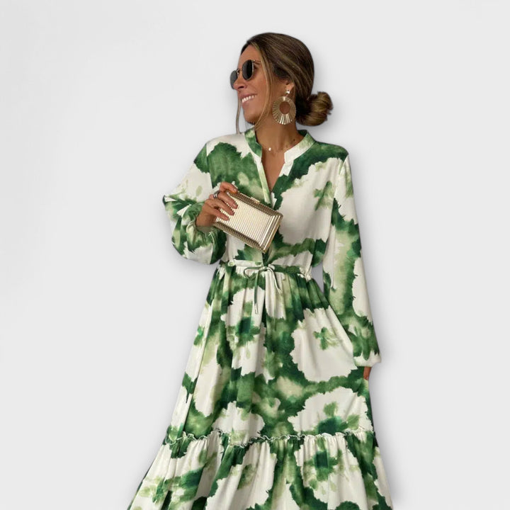 Melina | Robe maxi verte à manches longues et col en V