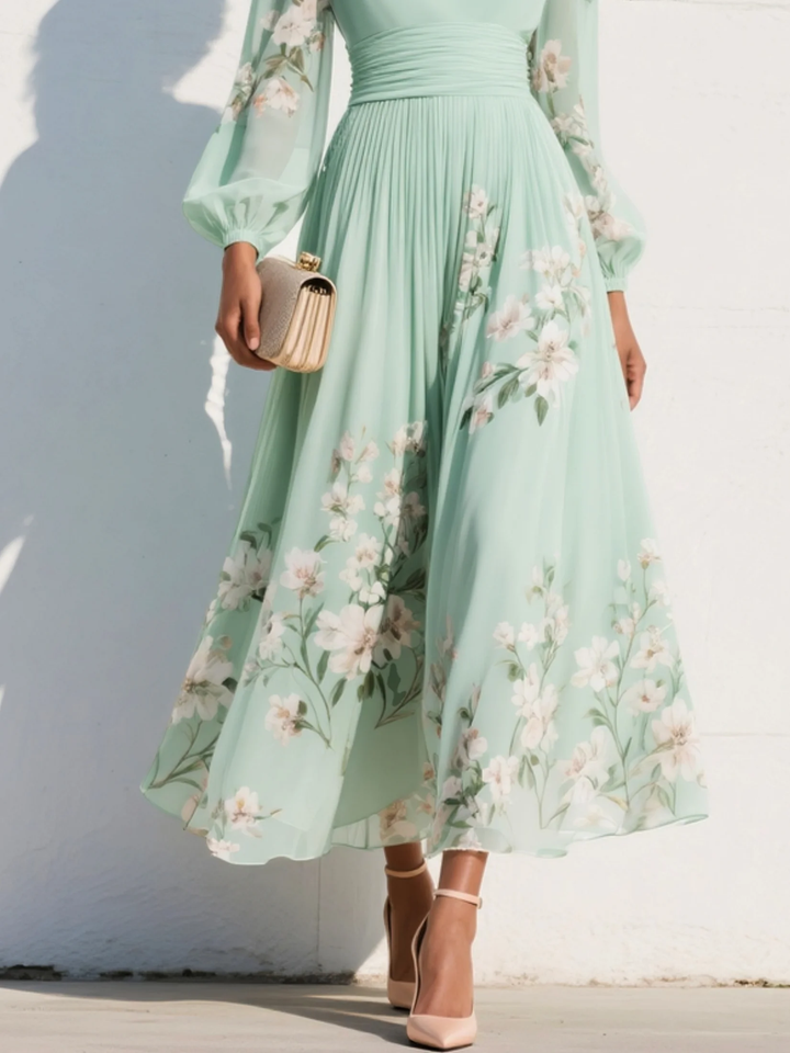 Lucija | Robe midi en mousseline vert menthe à broderie florale