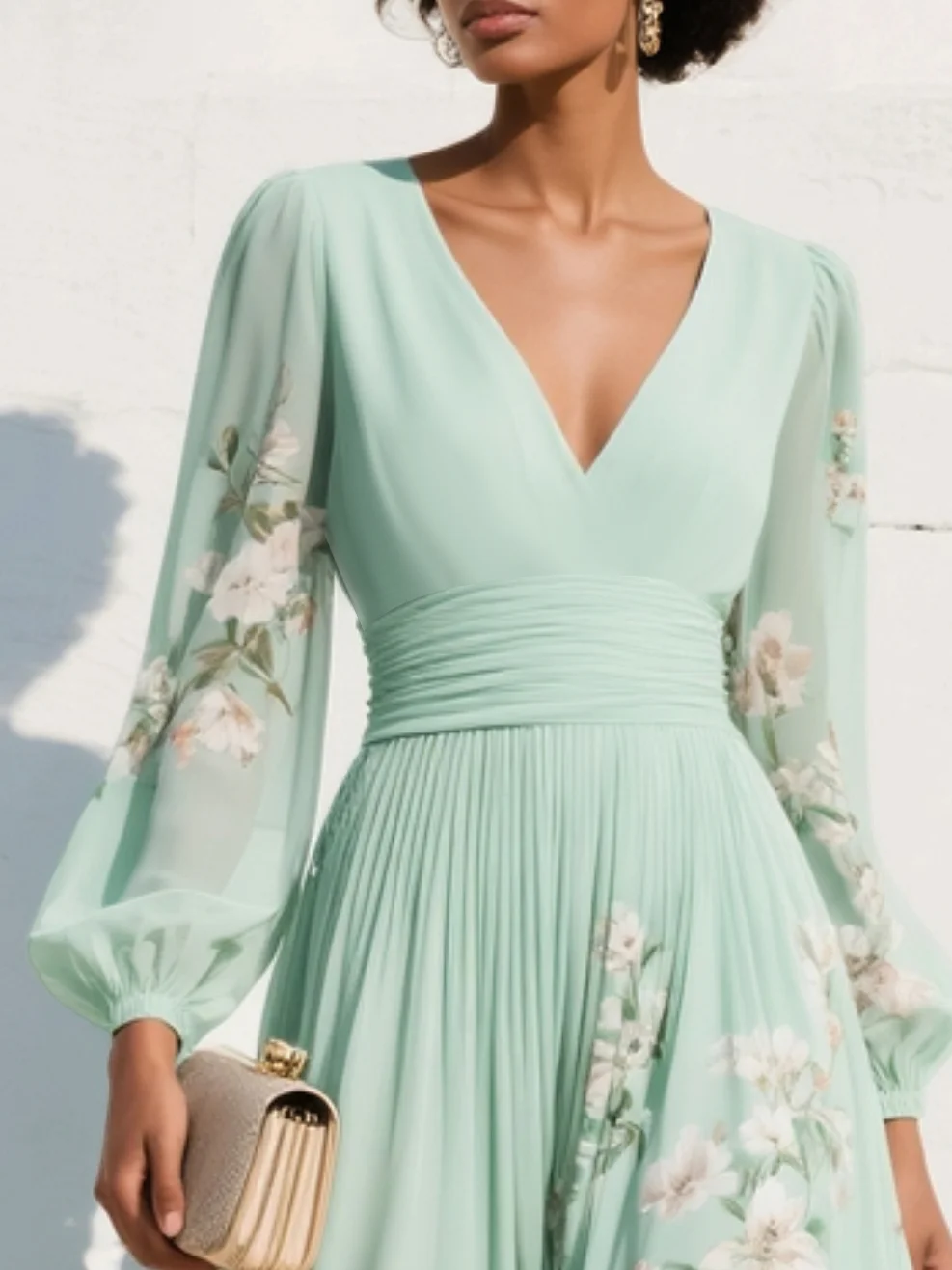 Lucija | Robe midi en mousseline vert menthe à broderie florale