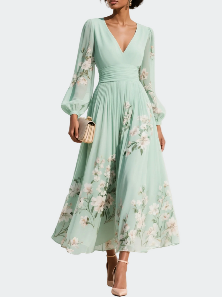 Lucija | Robe midi en mousseline vert menthe à broderie florale