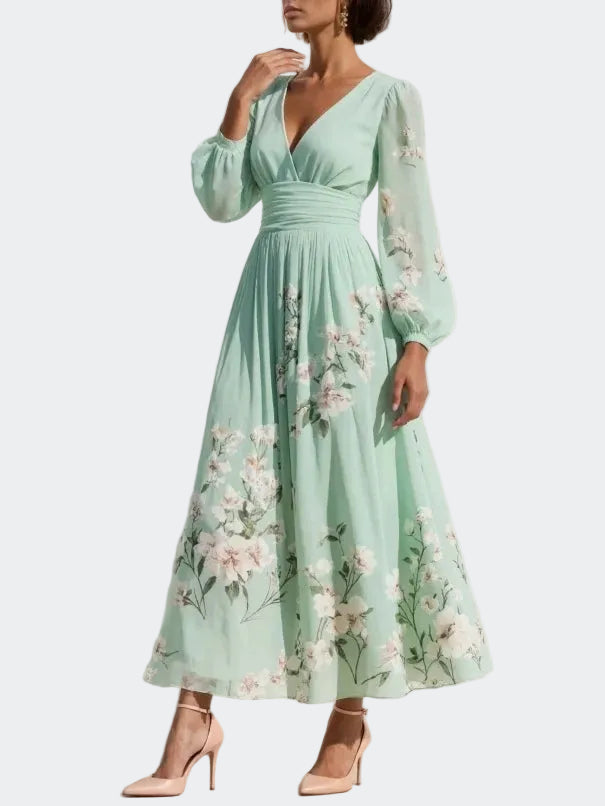 Lucija | Robe midi en mousseline vert menthe à broderie florale