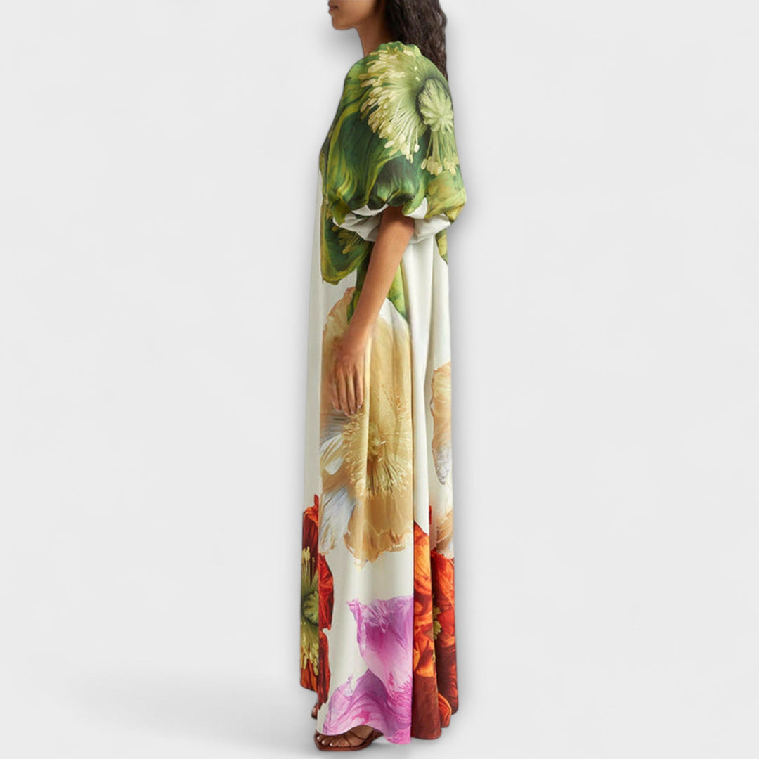 Skylar - Robe maxi à imprimé fleuri, col oblique et manches bouffantes