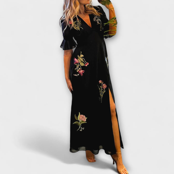 Beatrice - Élégante robe bleu marine à broderie florale