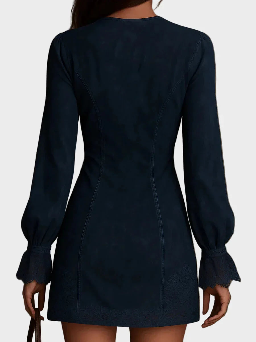 Jasmine | Mini robe bleue en suédine avec dentelle
