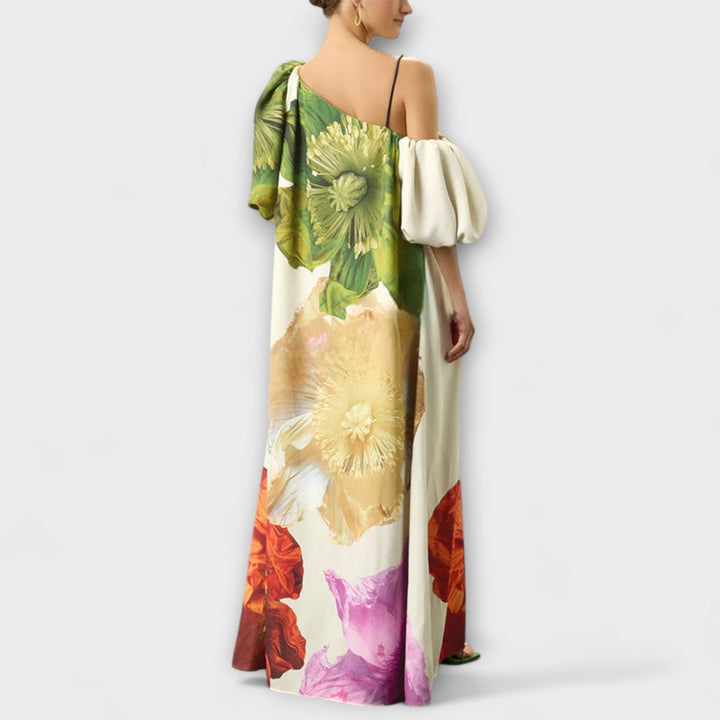 Skylar - Robe maxi à imprimé fleuri, col oblique et manches bouffantes
