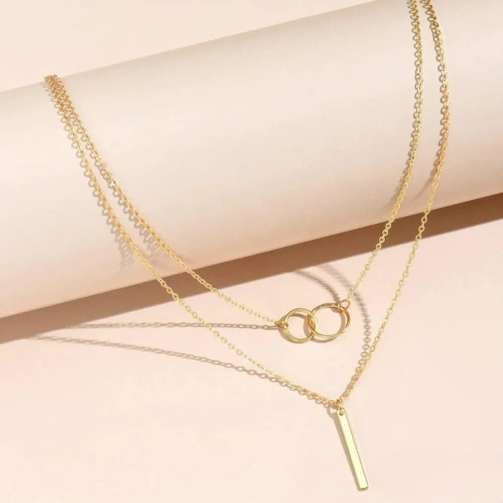 Collier rétro doré à pendentif double cercle