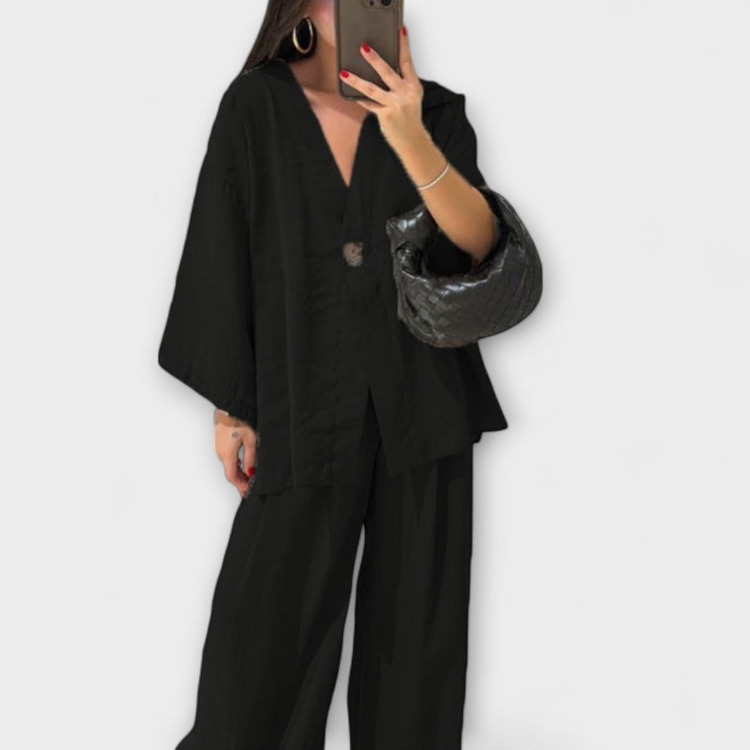 Jacqueline - Duo décontracté top à col en V et pantalon