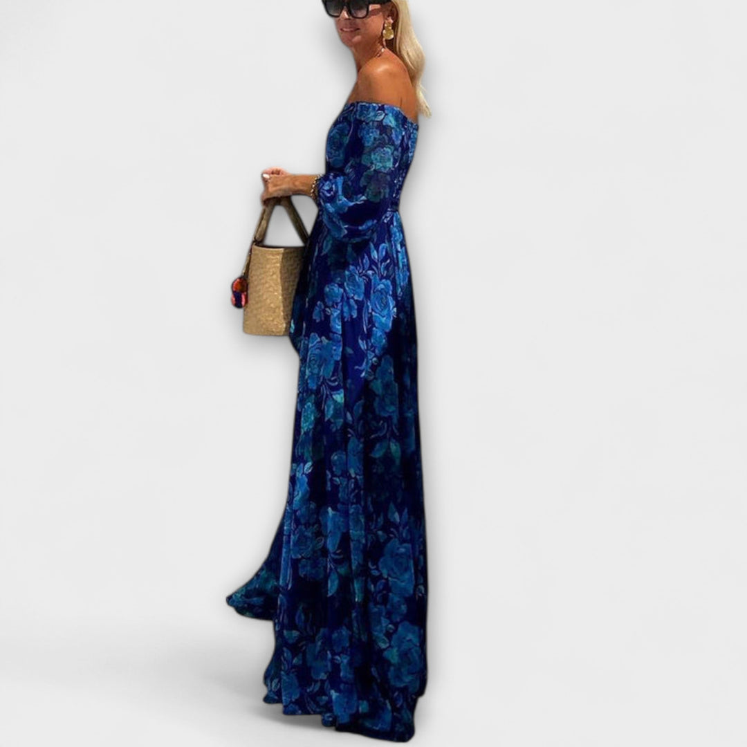 Juniper - Robe maxi florale épaules dénudées à smocks