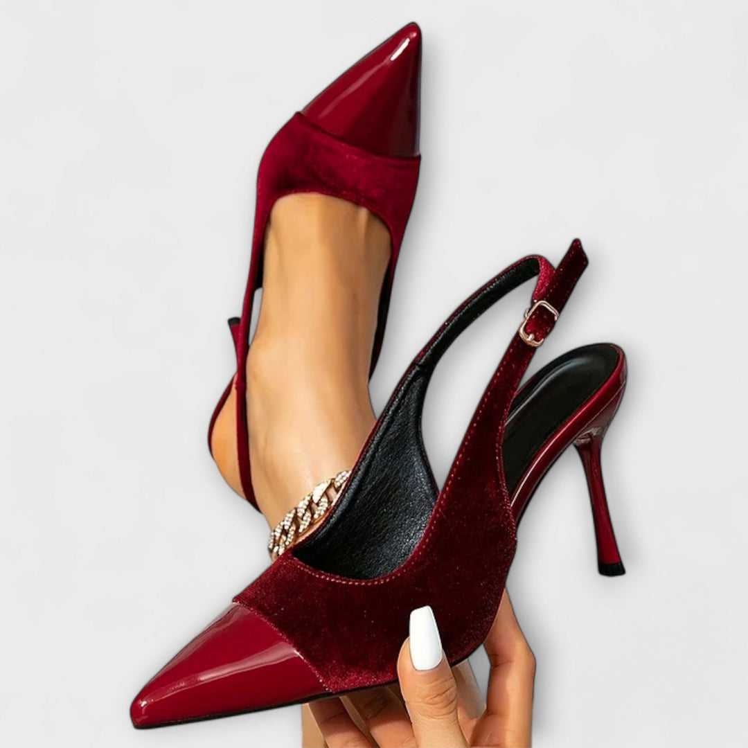 Kathleen | Escarpins slingback à talon aiguille en patchwork de velours pointu