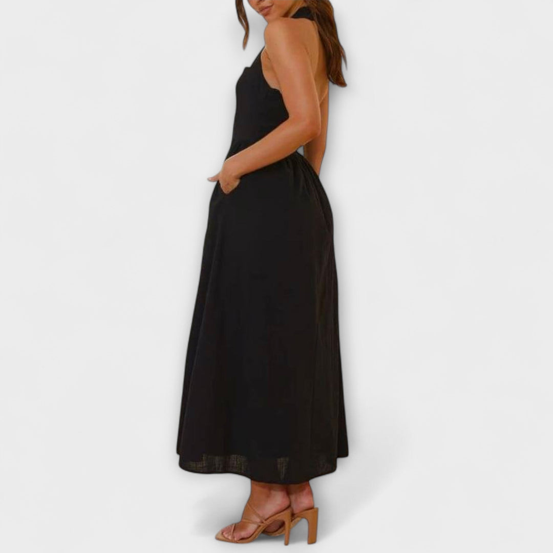 Lydia | Robe mi-longue noire à bretelles et détail à la taille