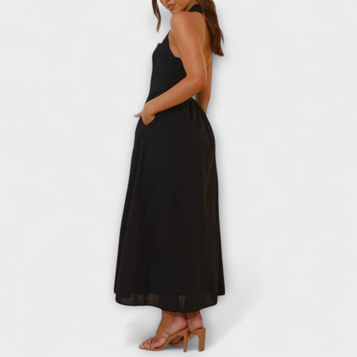 Lydia | Robe mi-longue noire à bretelles et détail à la taille