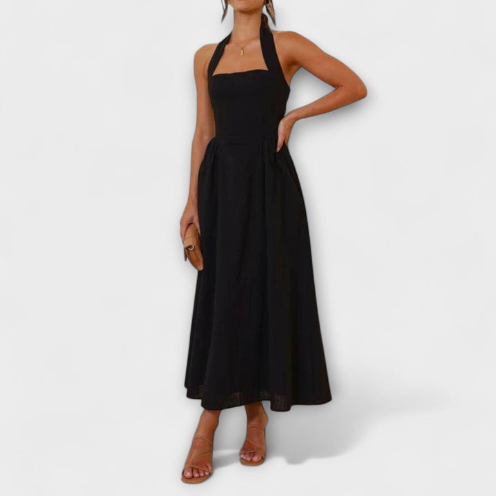 Lydia | Robe mi-longue noire à bretelles et détail à la taille