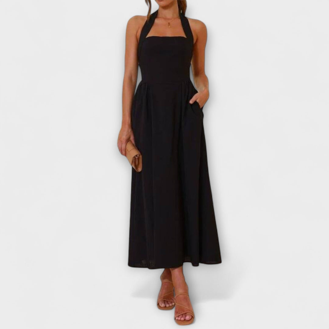 Lydia | Robe mi-longue noire à bretelles et détail à la taille