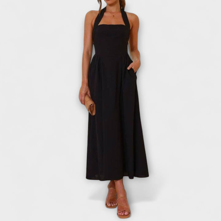 Lydia | Robe mi-longue noire à bretelles et détail à la taille
