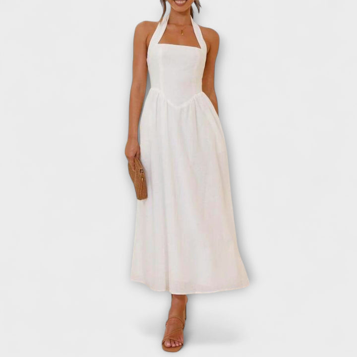 Lydia | Robe mi-longue noire à bretelles et détail à la taille