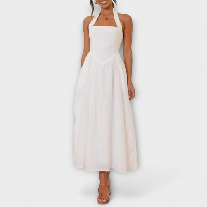 Lydia | Robe mi-longue noire à bretelles et détail à la taille