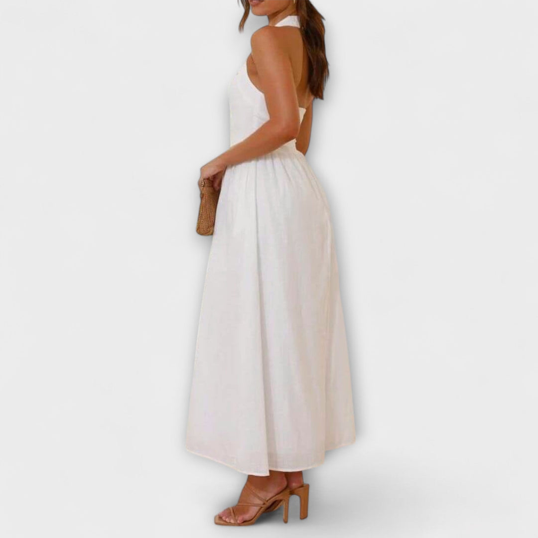 Lydia | Robe mi-longue noire à bretelles et détail à la taille