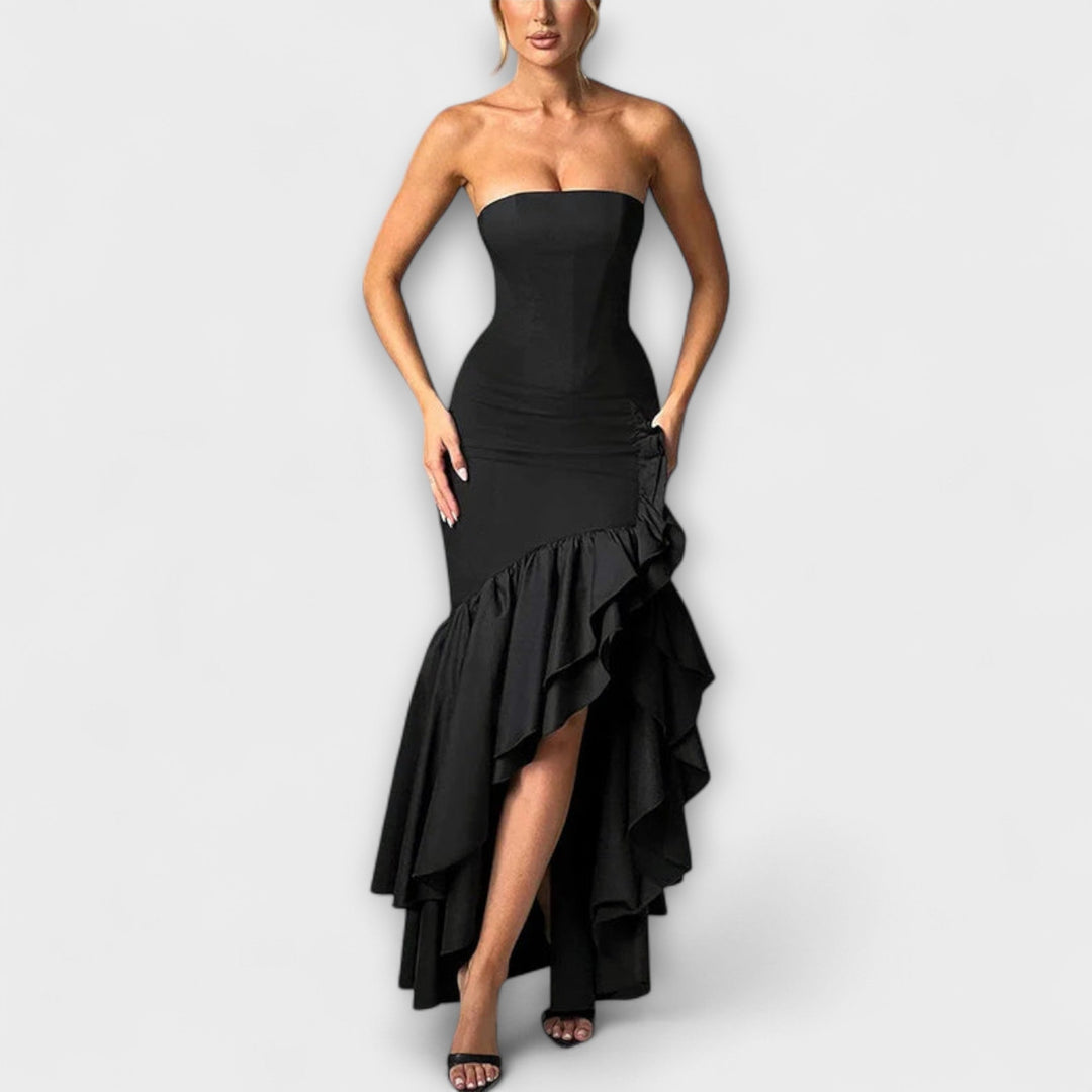 Zuri | Robe maxi cintrée épaules dénudées à ourlet asymétrique