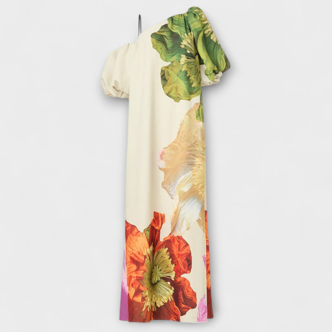 Skylar - Robe maxi à imprimé fleuri, col oblique et manches bouffantes