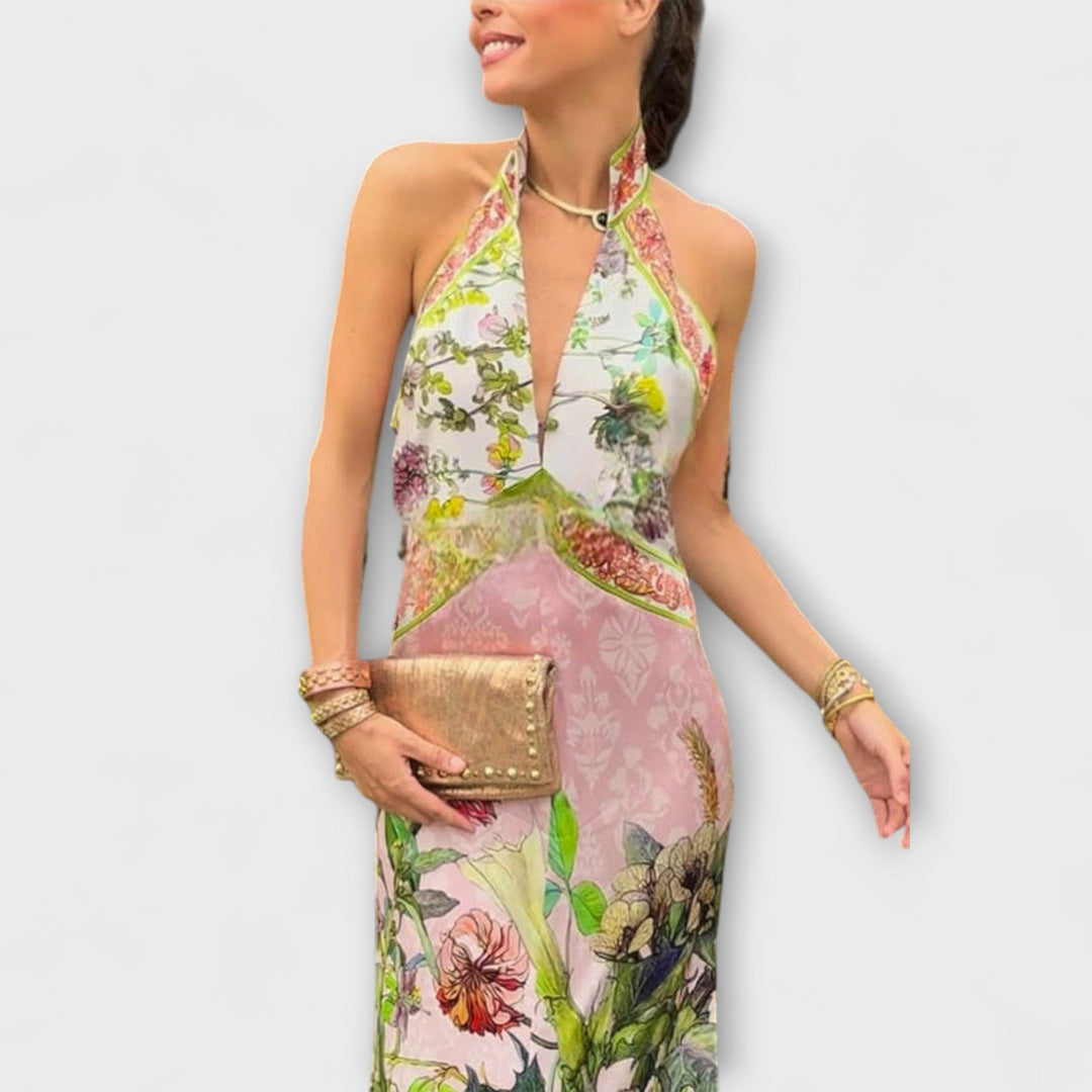 Ayla - Robe maxi fleurie sans manches à dos ouvert
