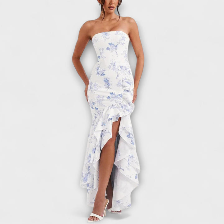 Zuri | Robe maxi cintrée épaules dénudées à ourlet asymétrique