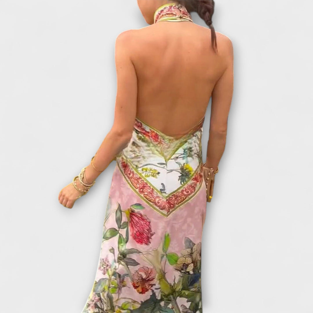 Ayla - Robe maxi fleurie sans manches à dos ouvert