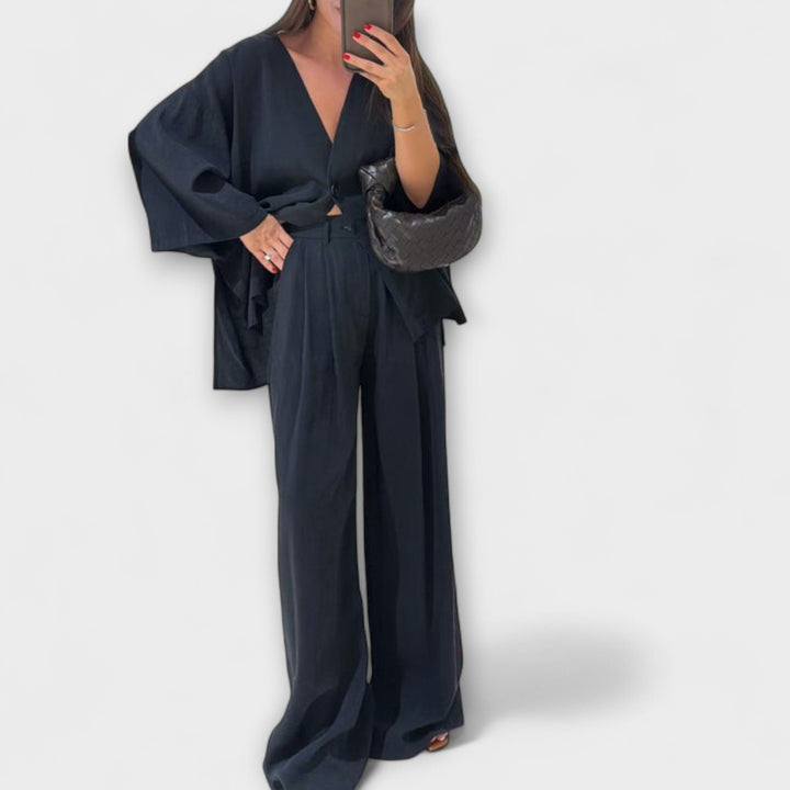 Jacqueline - Duo décontracté top à col en V et pantalon