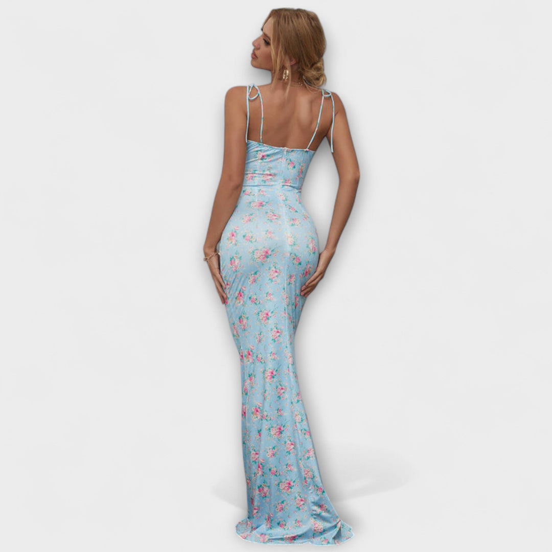 Thalia - Robe de bal à imprimé floral avec bretelles nouées aux épaules