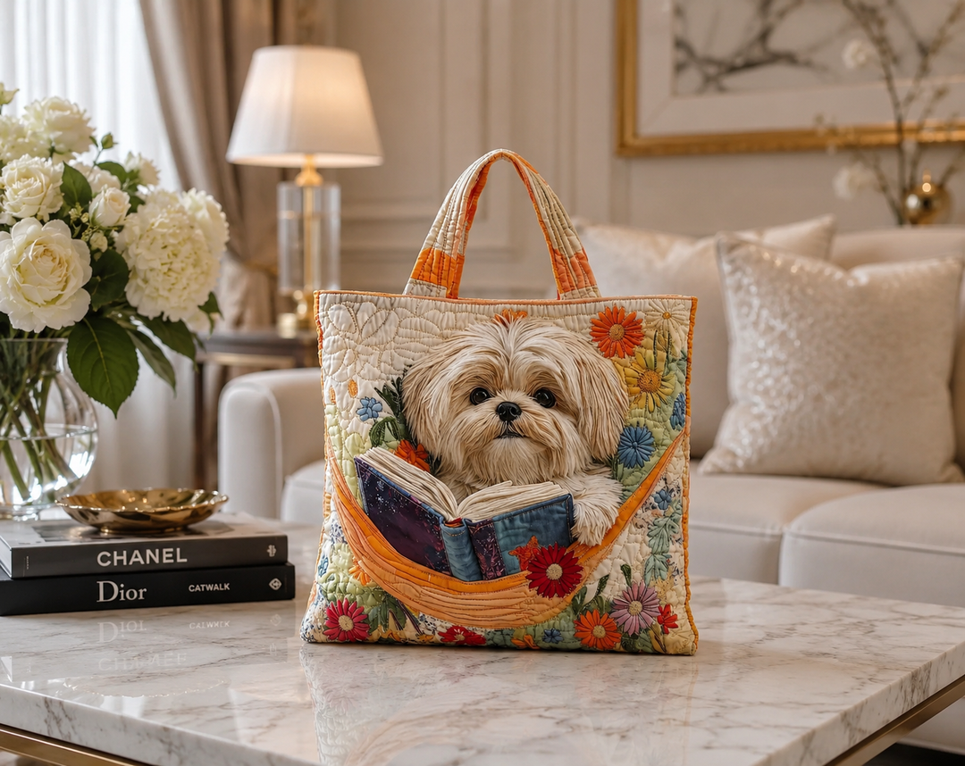 SAC MATELASSÉ | SHIH TZU WITH BOOKS AND FLOWERS