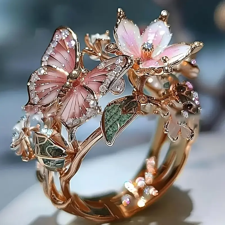 Bague papillon naturelle scintillante avec zircons