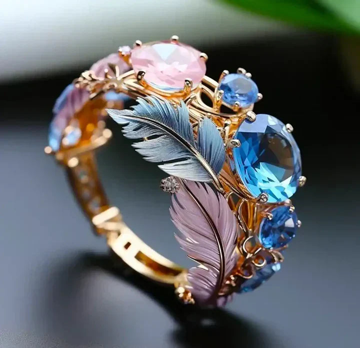 Bague en cristal vintage exotique à plume