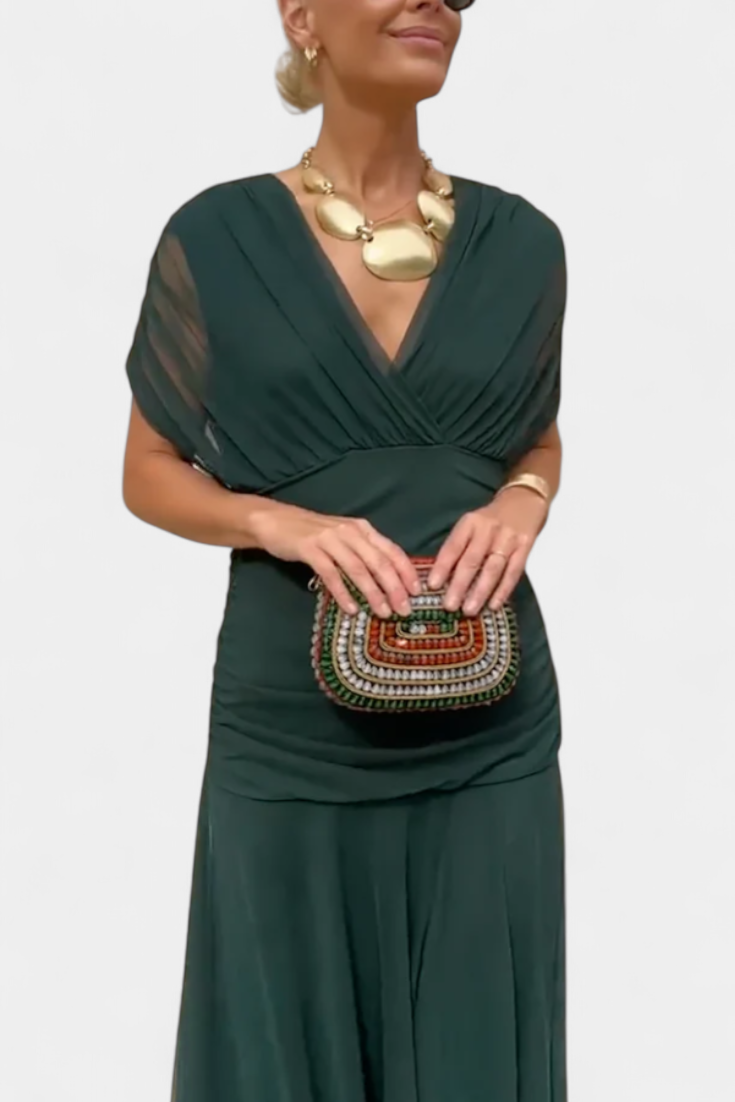 Magda | Longue robe fleurie à col en V et taille plissée