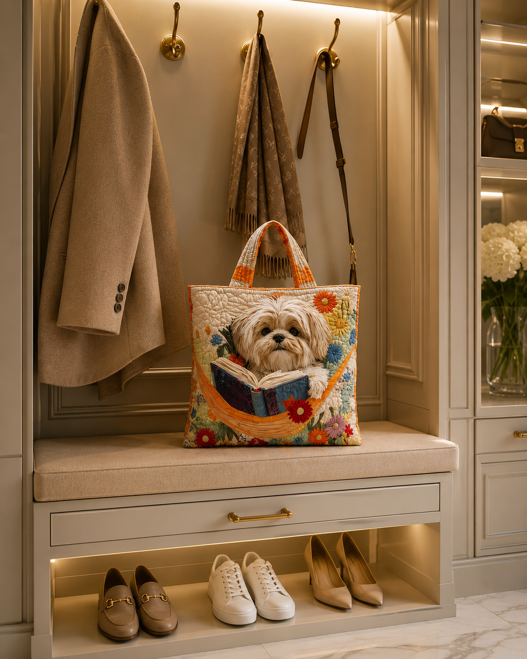 SAC MATELASSÉ | SHIH TZU WITH BOOKS AND FLOWERS