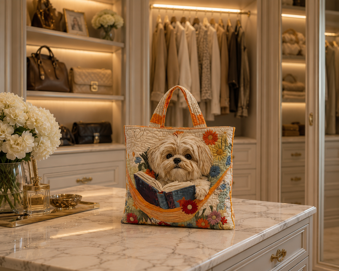SAC MATELASSÉ | SHIH TZU WITH BOOKS AND FLOWERS