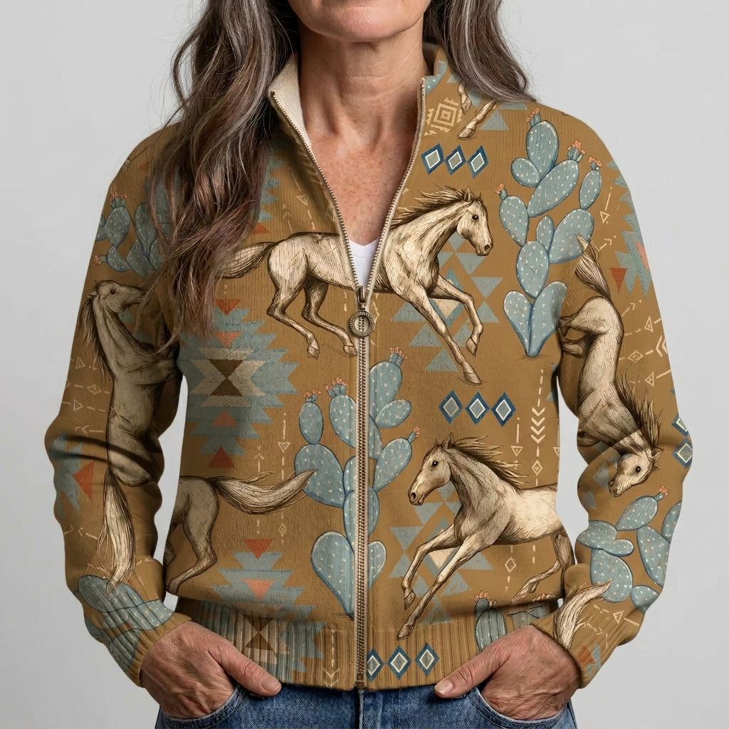 Yvonne - Cardigan zippé à imprimé cheval et cactus du désert