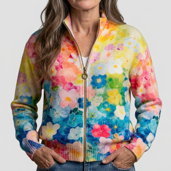 Moira - Cardigan zippé à fleurs aquarellées en dégradé