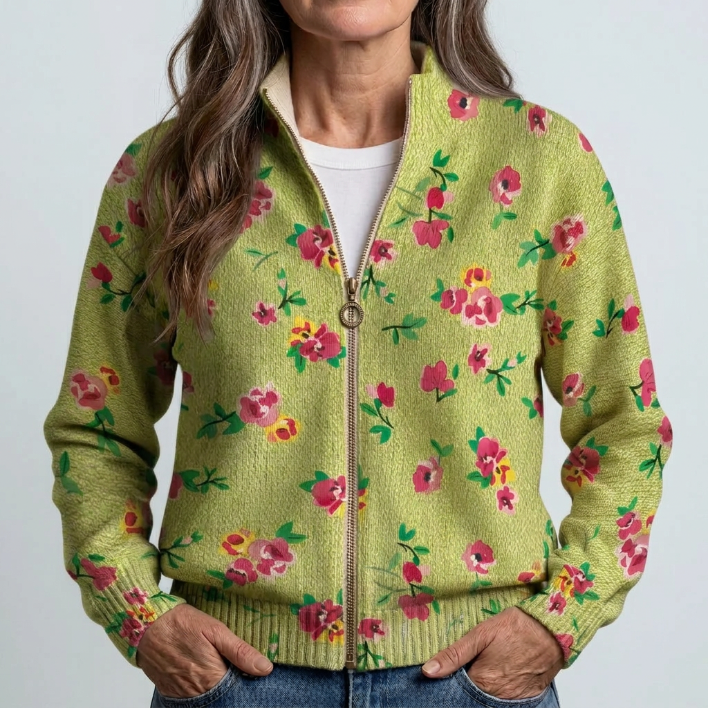 Gillian - Cardigan zippé vert citron à fleurs roses